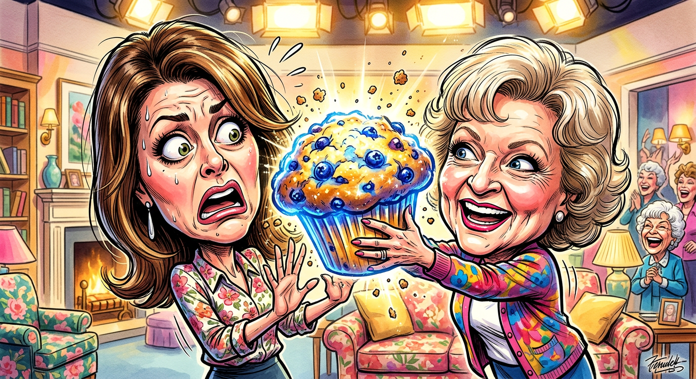 A caricature illustrating the story Jane Leeves Claims Betty White Made Everyone Join Secret Cleveland Muffin Cult featuring the actresses on a colorful TV set.