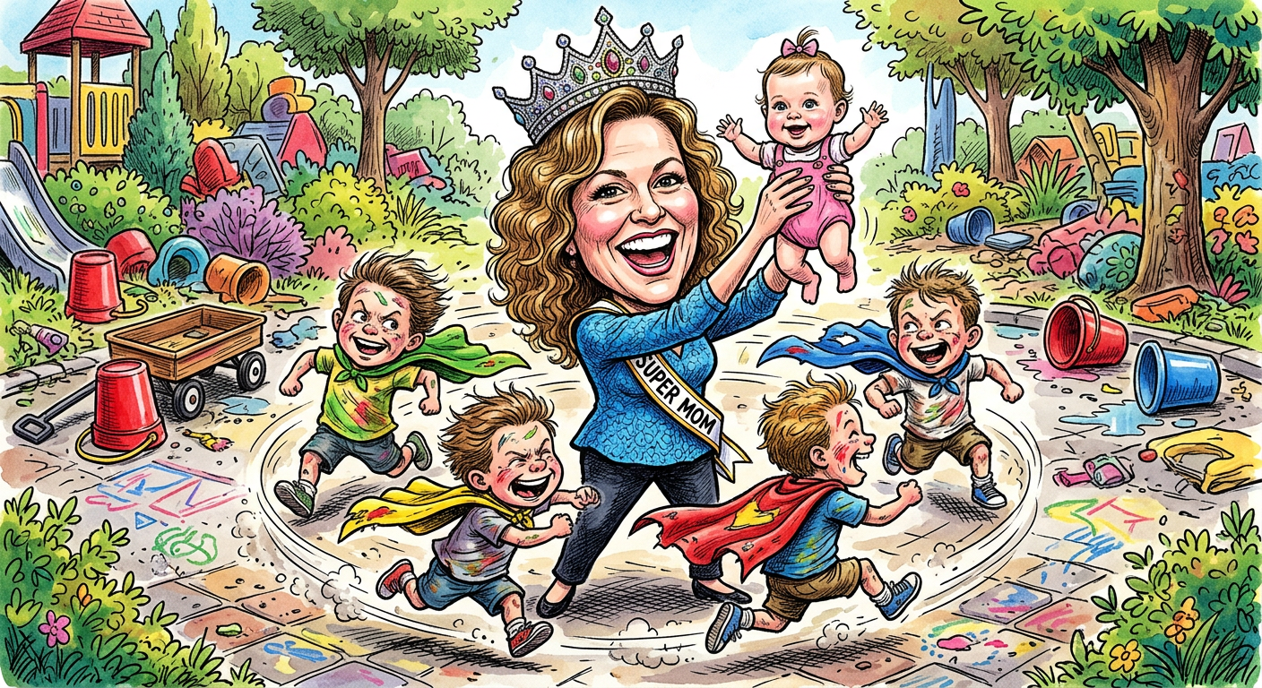 A satirical illustration showing Sue Rose Finally Recruits Female Ally To Defeat Army Of Four Sons.