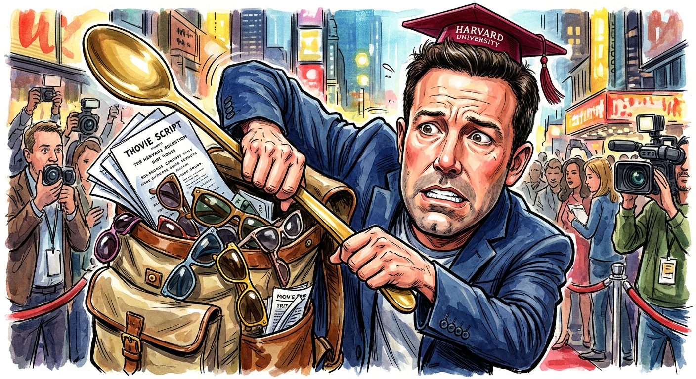 A caricature of a celebrity for the article Nepo Babies Invade Ivy League With Golden Spoons and Personal Laundresses showing Ben Affleck in academic gear.