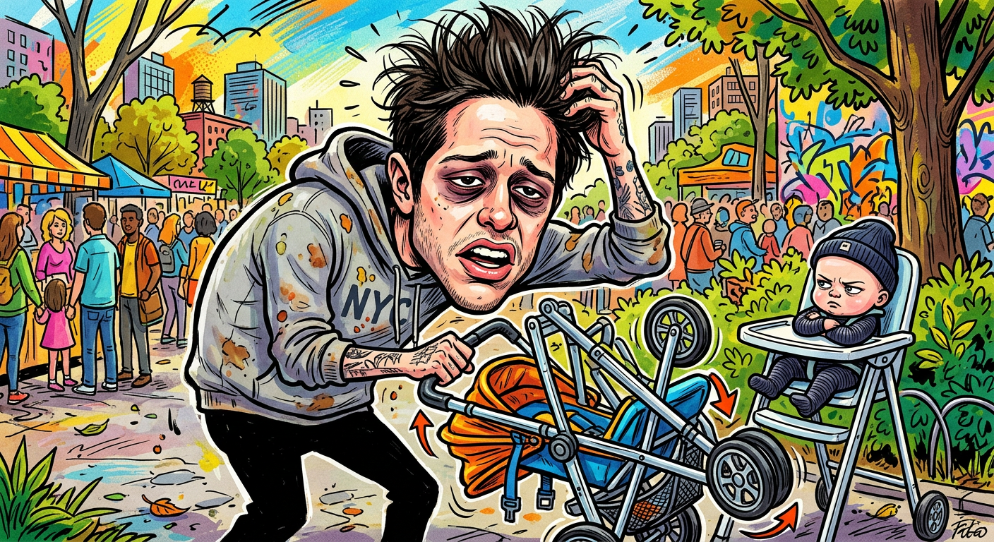 A caricature of Pete Davidson in the article Pete Davidson Claims Diaper Changes Are Basically Just Tiny Grunge Concert Internships shows him struggling with baby gear.