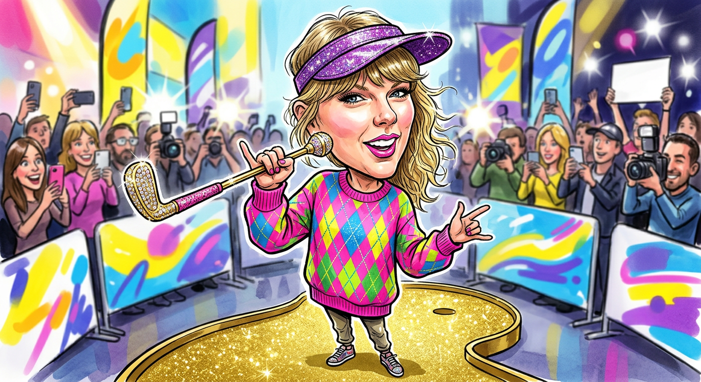 A satirical caricature of Taylor Swift during the trend Country Club Chic: Taylor Swift Swaps Microphones For 9-Iron Fashion Domination.