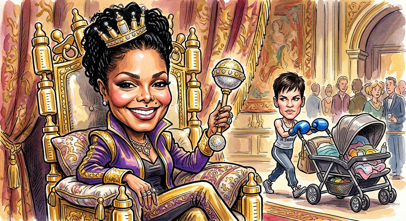 A caricature illustration for the article Geriatric Maternity Ward Becomes Hollywood's Most Exclusive Nightclub After Janet Jackson Boom featuring celebrity moms with luxury baby gear.