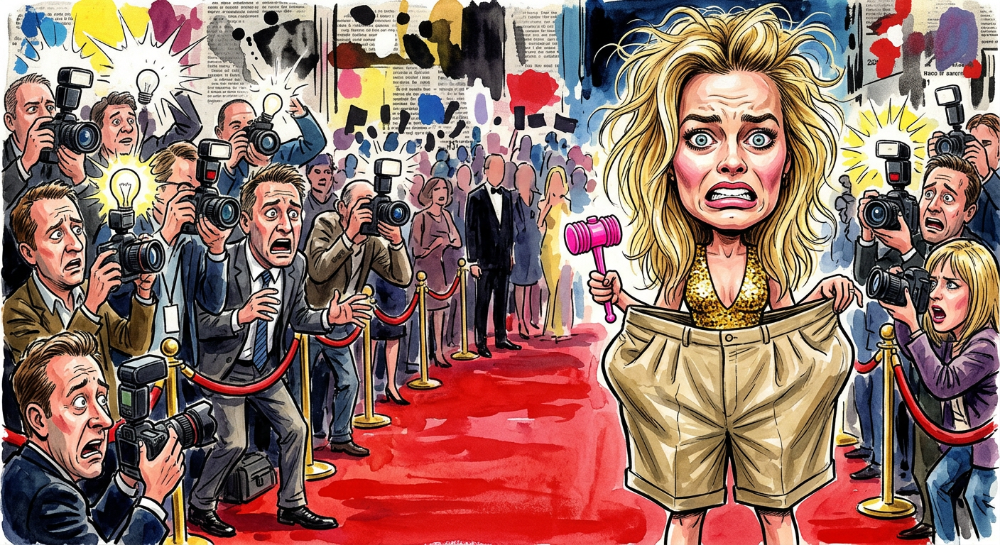 A caricature illustrating the story Margot Robbie’s $391 Bermuda Shorts Prove She Has Completely Given Up On Life, showing the actress in oversized khaki pants.