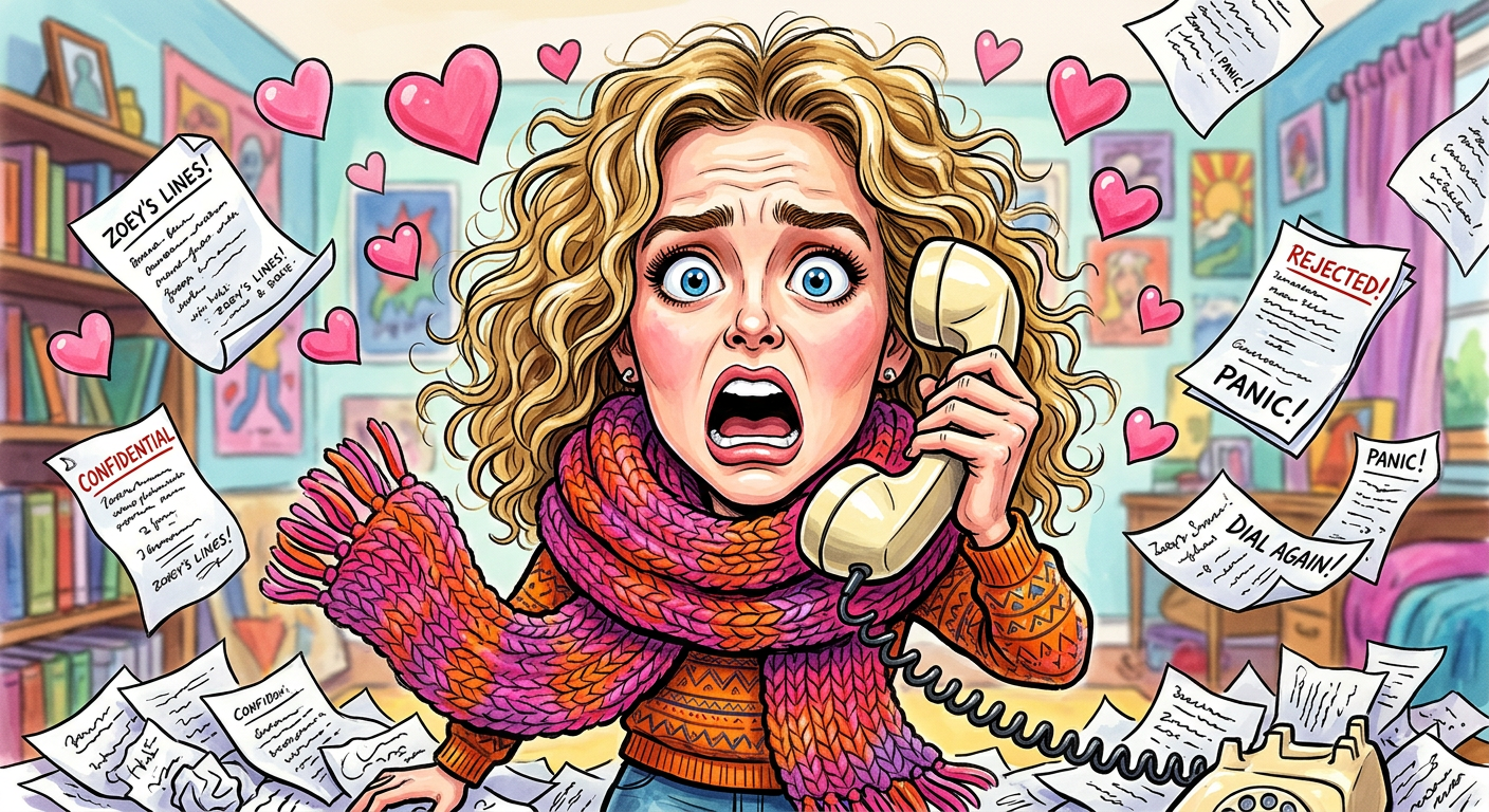 A caricature of the actress for the article Zoey Deutch Rescued From High-Stakes Retirement After Intense Three-Minute Rom-Com Sabbatical shows her tangled in phone cords.