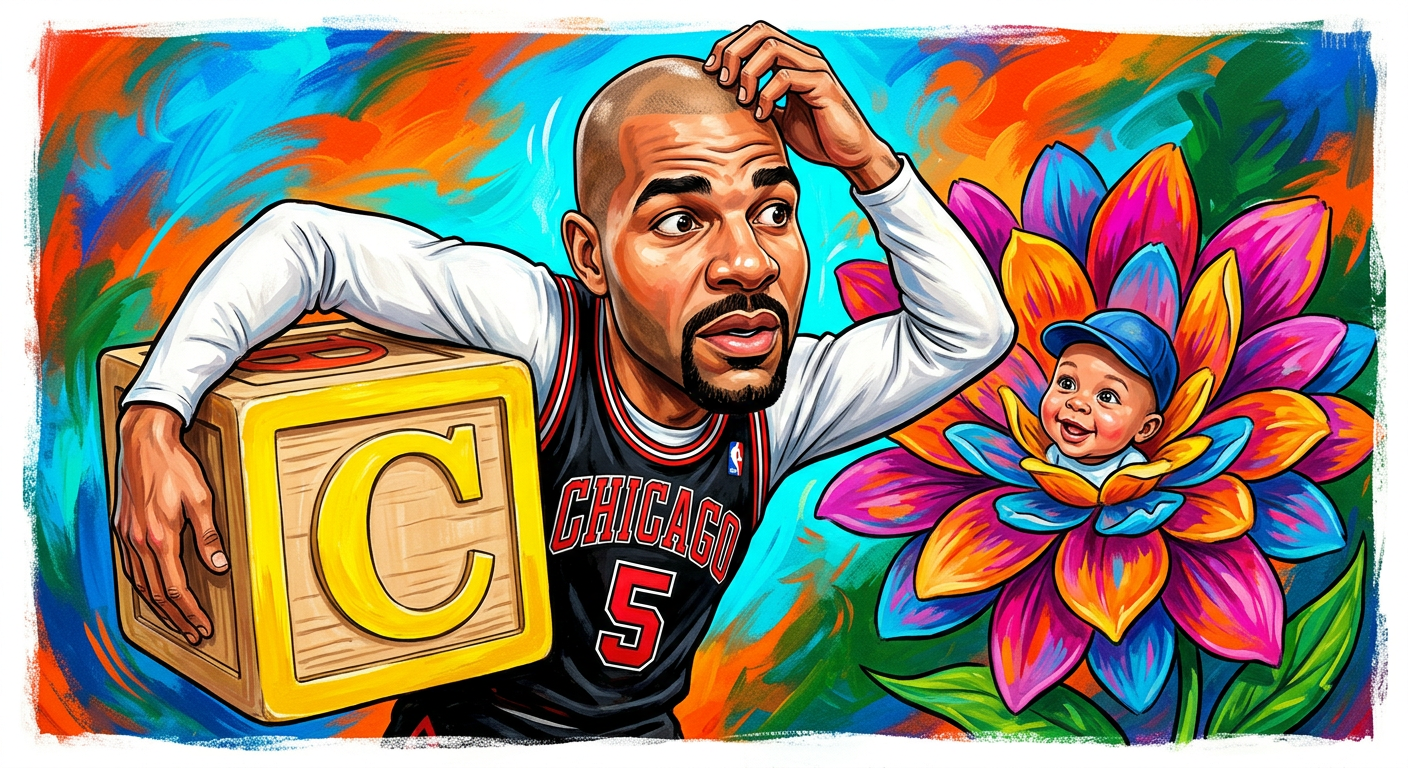 A caricature illustrating the story Carlos Boozer Running Out Of C-Names After Naming Daughter Something From Earth showing the athlete looking confused by a floral nursery.
