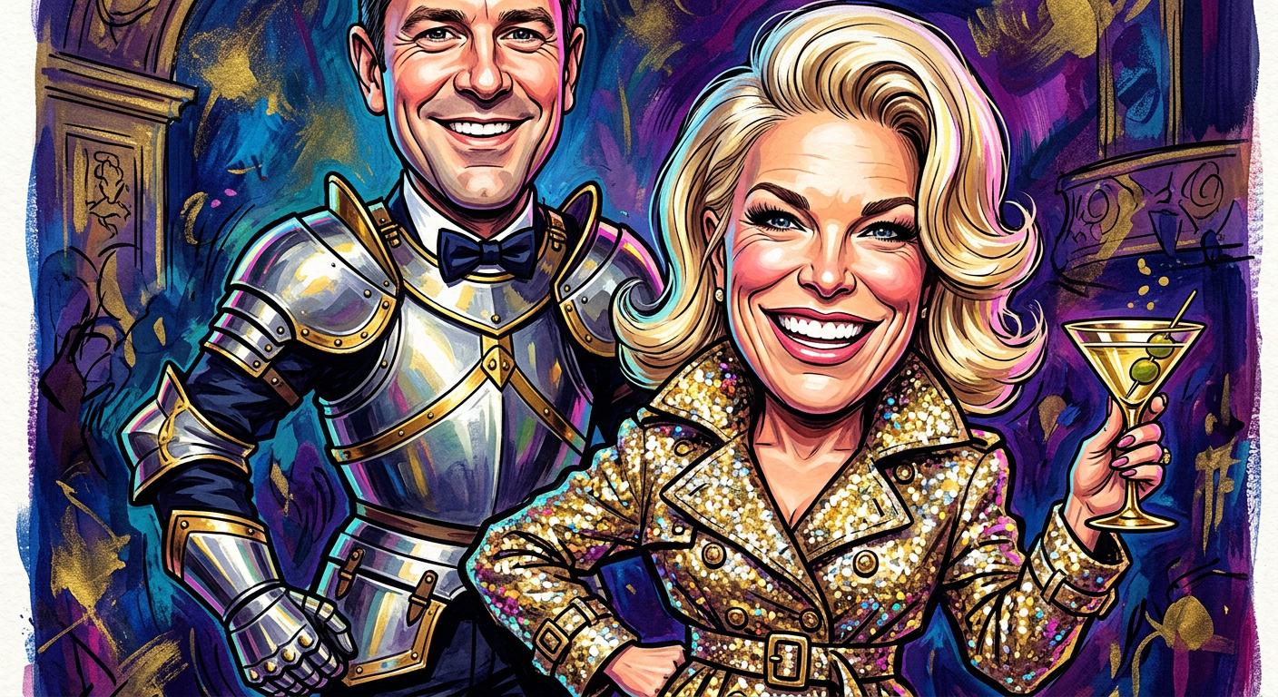 A caricature of the star at an event titled Hannah Waddingham Employs Human Shield To Guard Against Fictional Assassin Enemies where she looks glamorous while being guarded.