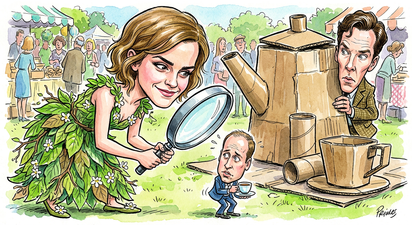 A satirical illustration of the headline Hermione Granger Traps Prince William in Magic Circle to Demand Sustainable Tiara Upgrades featuring celebrity caricatures.