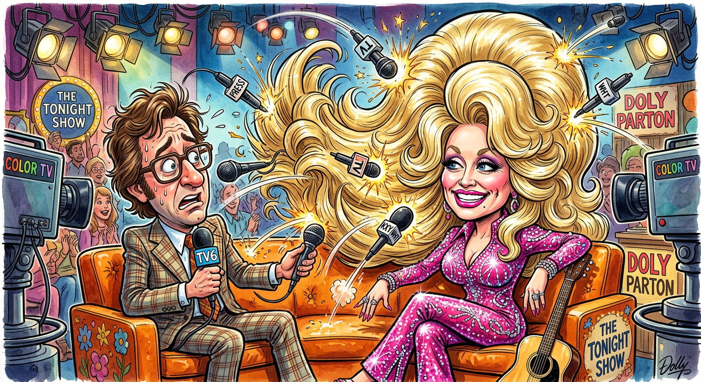 A caricature of the celebrity in the story 'Dolly Parton Rebukes Barbara Walters Using Only The Power Of Industrial Strength Hairspray' showing her massive hair protecting her from questions.