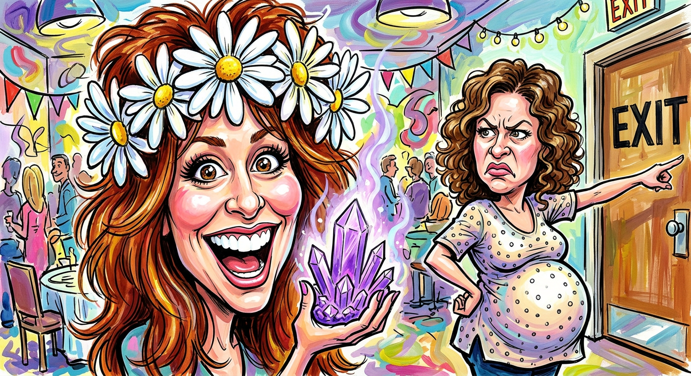 A hand-drawn color caricature illustrating the story Justene Alpert Banned From Baby Shower After Bringing Only ‘Good Vibes’ Instead Of Diapers.