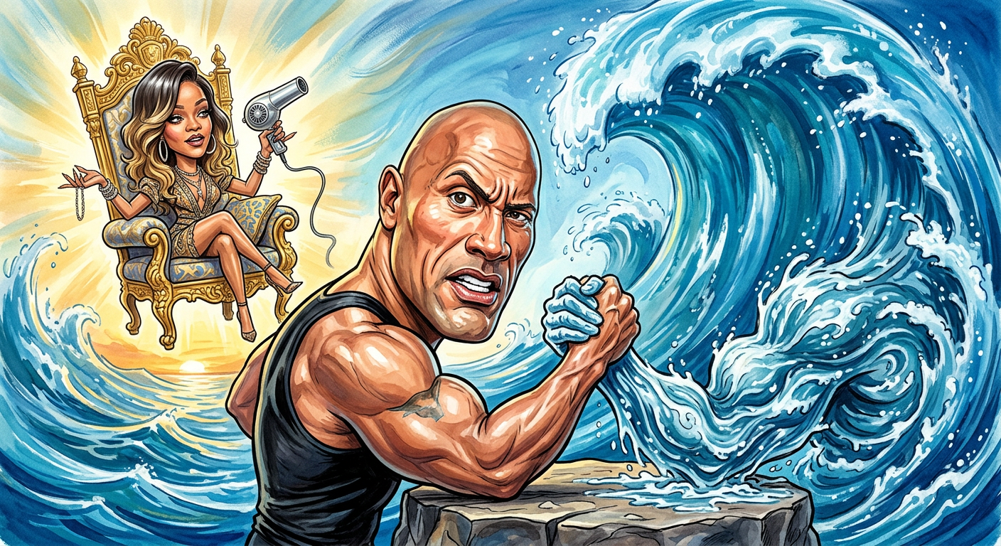 A satirical illustration for the article Dwayne Johnson Tries to Ban Ocean Salt After Skin Becomes Too 'Moisturized' showing the actor flexing at the sea.