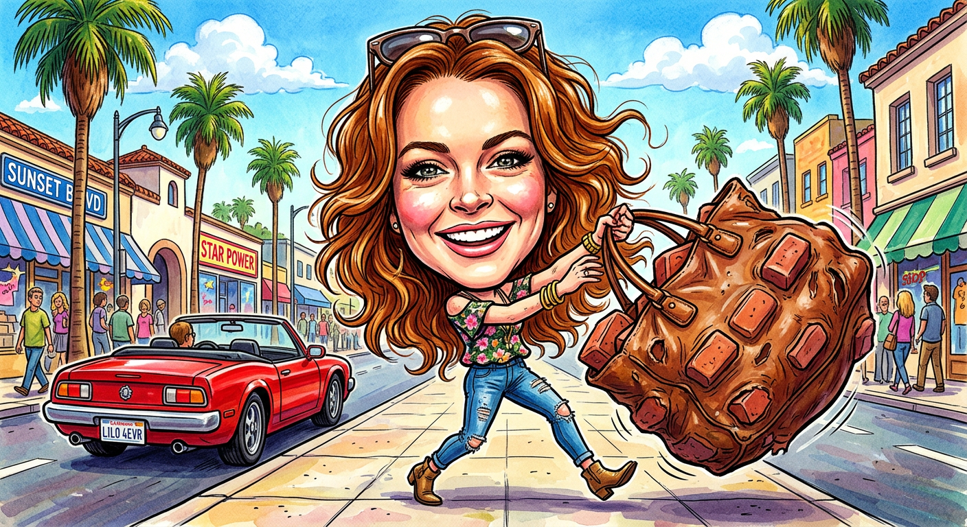 A caricature of the actress as she stars in the story Lindsay Lohan Thwarts Armed Robber By Loading Tote Bag With Heavy Bricks.
