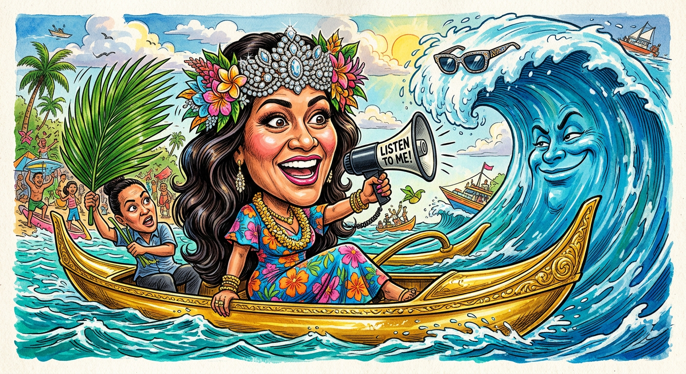 A caricature of the actress for the article Moana Star Catherine Lagaʻaia Demands Real Ocean Move to Hollywood Soundstage Immediately.
