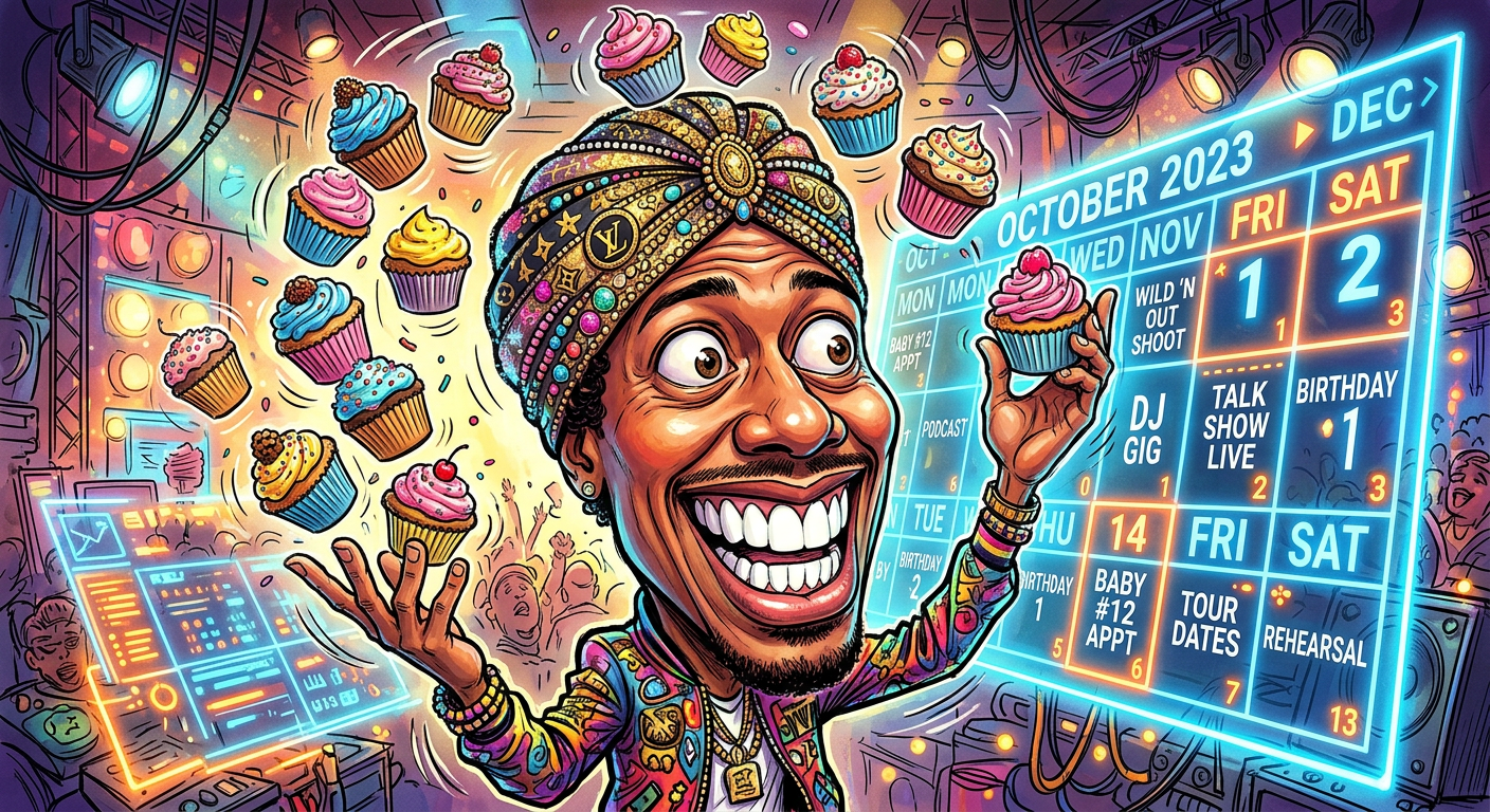 A caricature of the star for the article Nick Cannon Running Out of Calendar Days to Schedule Potential Kid Birthdays, showing him juggling party supplies and a giant schedule.