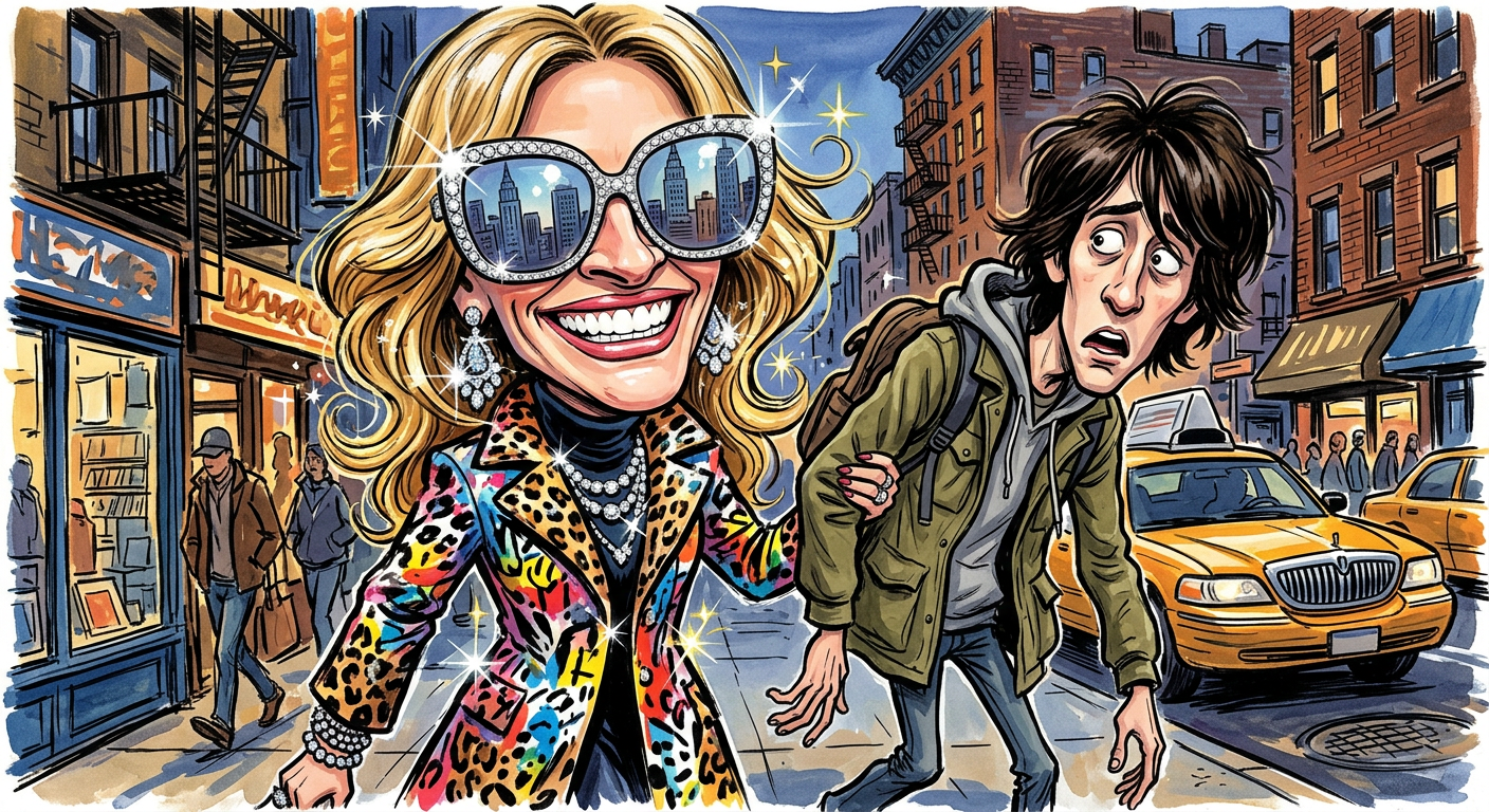 A hand-drawn caricature of the actors titled Pretty Woman’s Son Finally Learns Which Fork is for Salad During NYC Stroll showing them walking in Manhattan.