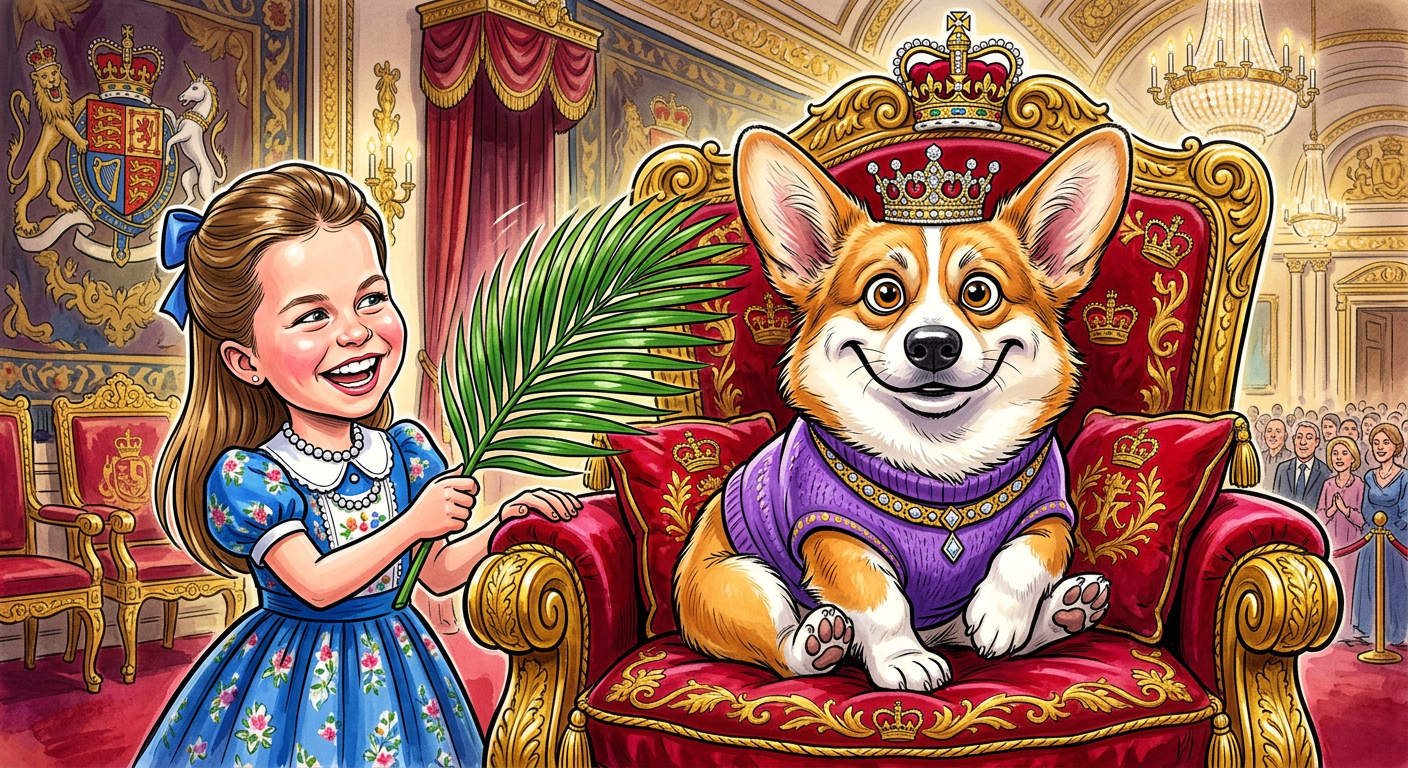 A caricature representing the story Princess Charlotte’s Corgi Demands Dedicated Nanny and Custom Cashmere Knitwear Collection.