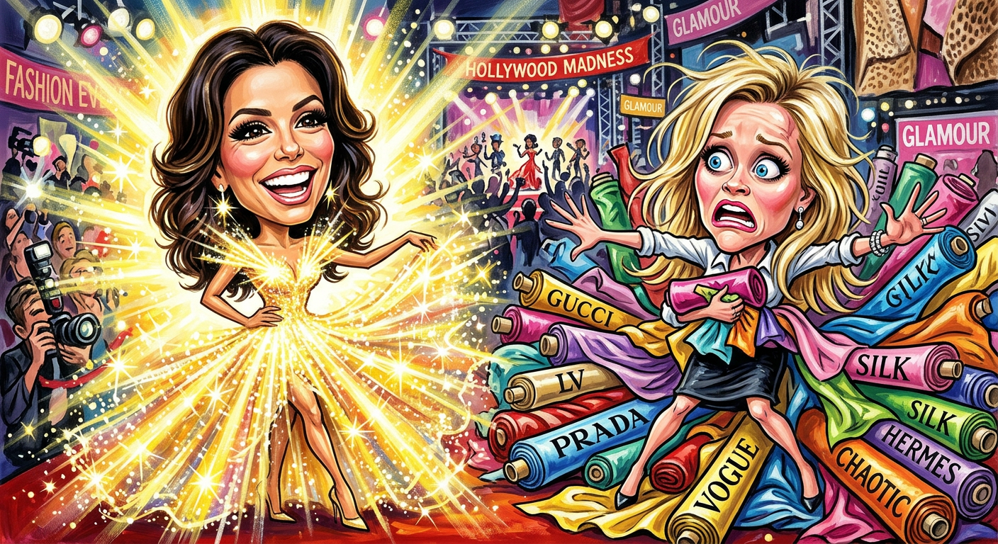 A caricature illustration depicting the headline Eva Longoria Seen Wearing Dress So Chic it Caused a Global Fabric Shortage with celebrities hoarding fabric.