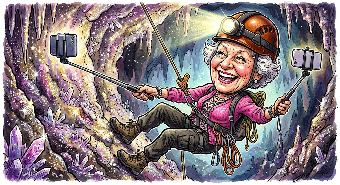 A caricature of Sharon Alexander for the article Grandma Quits Knitting To Become Professional Extreme Spelunking Instagram Influencer.