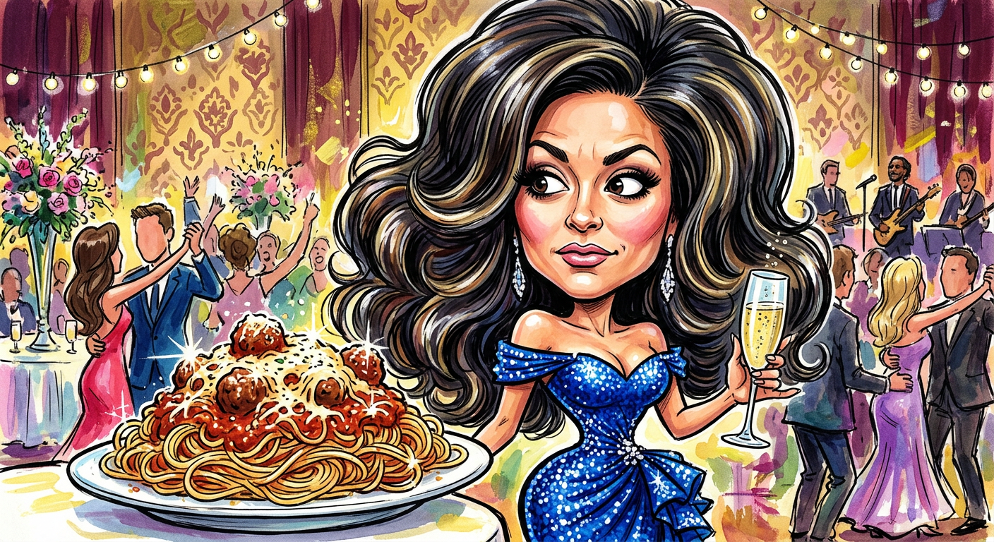 A caricature of the star for the article Sammi Sweetheart Confirms Pasta Baby Not Real Baby After Post-Wedding Bloat Blunder showing her at a buffet.