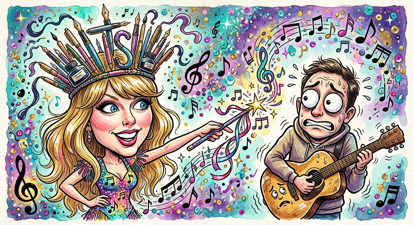 A caricature illustration showing the scene from the article Taylor Swift Forces New Artist to Defend His Song Choices on National Television.