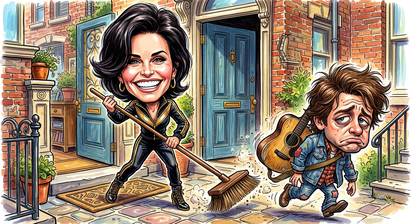 A hand-drawn caricature illustrating Courteney Cox Dumps Snow Patrol Frontman After Realizing Chasing Cars Is Dangerous as she sweeps a tiny musician out of her house.