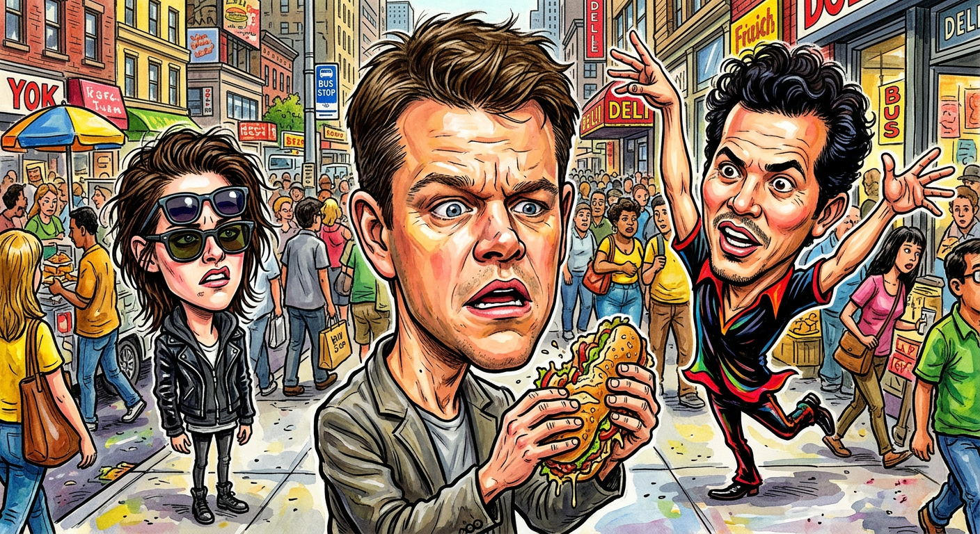 A colorful caricature illustrating the story Matt Damon and John Leguizamo Launch Competitive Standing Competition While Kristen Stewart Simply Exists as they pose dramatically on a busy street.