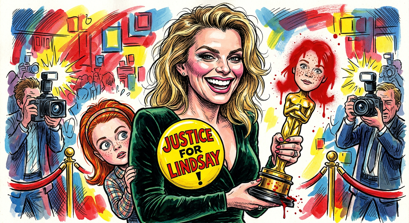 A caricature shows the actress holding a modified trophy as Betty Gilpin Demands Full UN Intervention Over Lindsay Lohan’s Lost Parent Trap Oscar.
