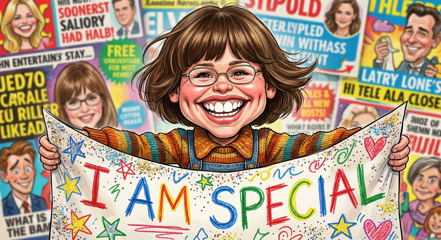 A caricature of the actress for the article Jennifer Garner Finds Scrapbook Proving She Was A Nerd Before Famous Dimples shows her as a joyful child holding a school report.