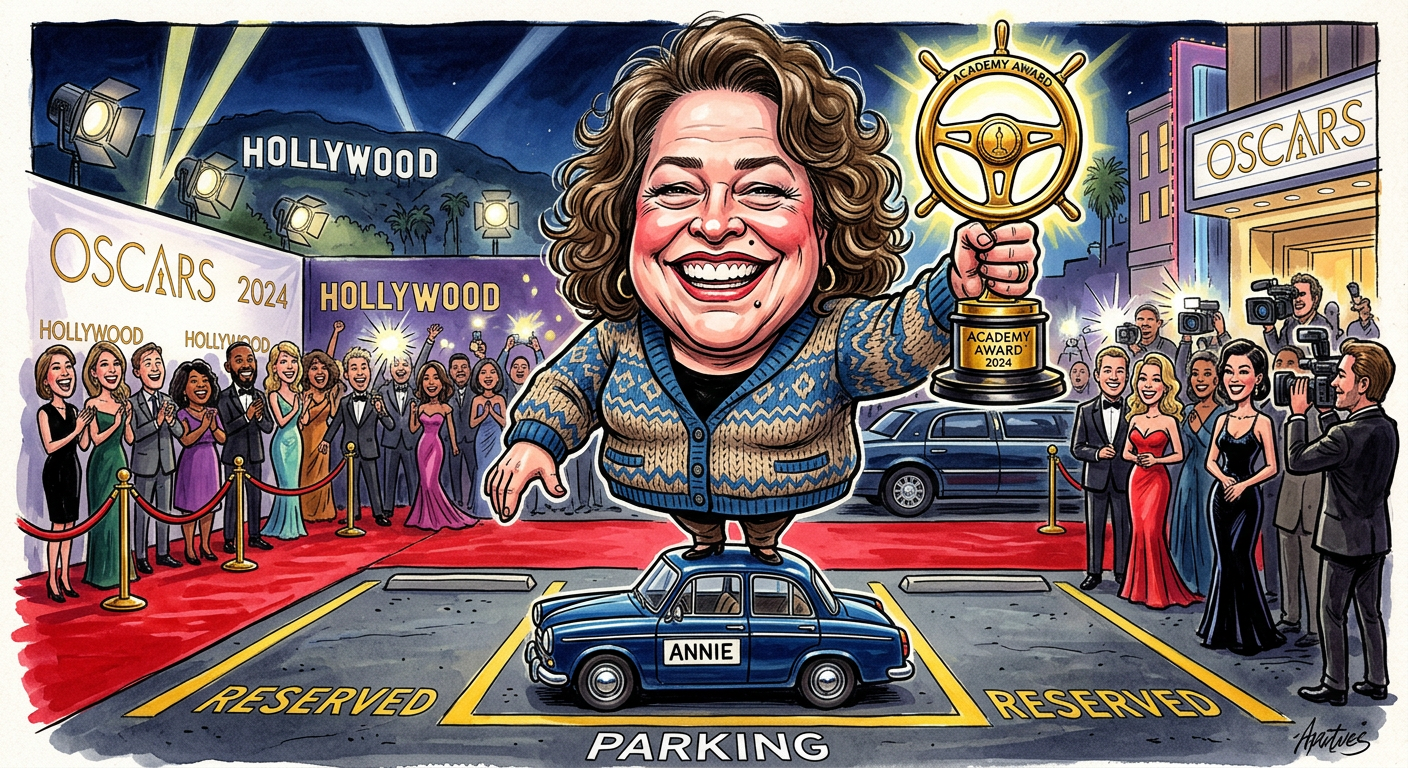 A caricature of the star for the article Kathy Bates Demands Oscar for Every Single Time She Parallel Parked Successfully shows her celebrating a parking victory.