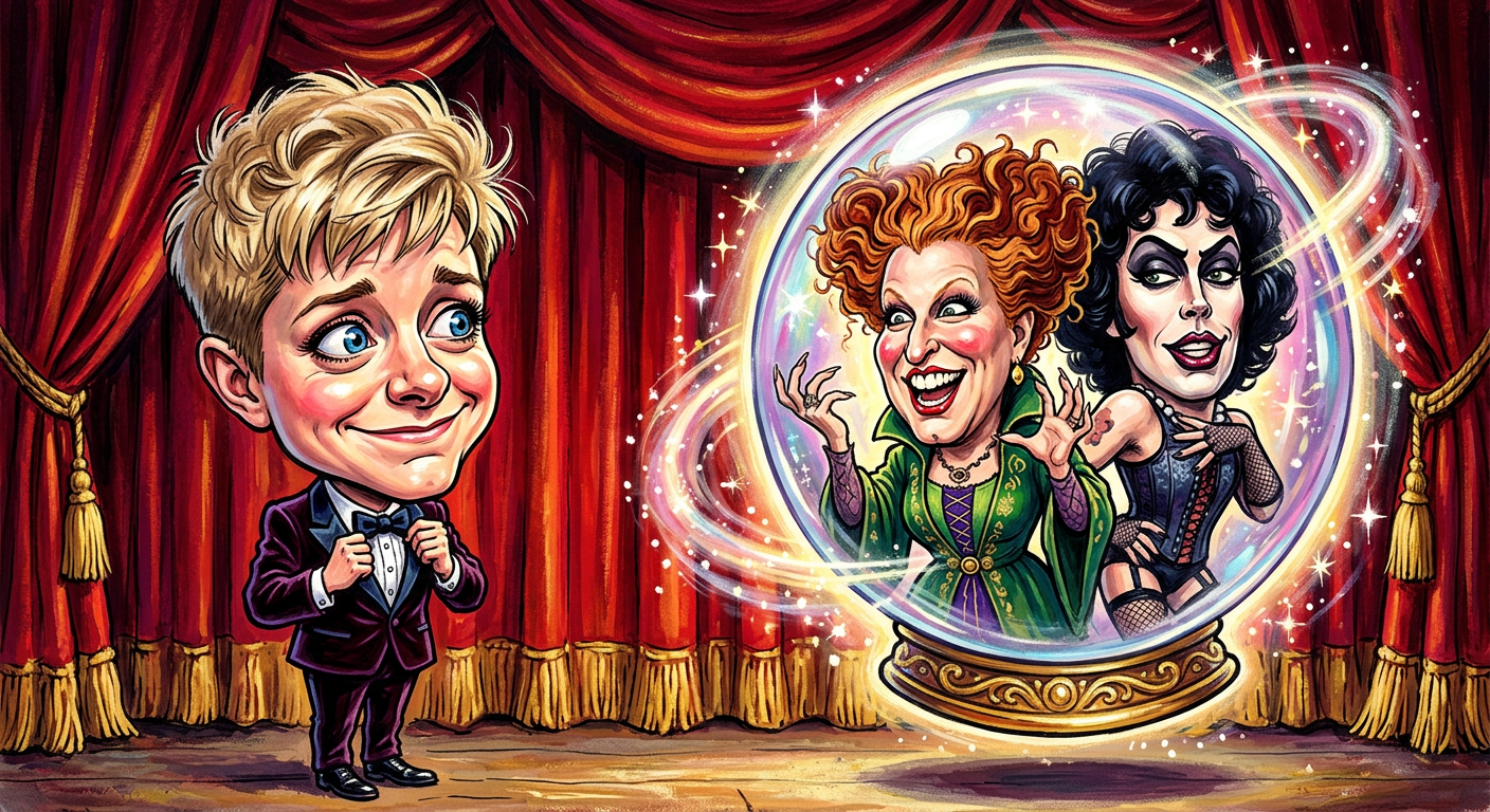 A caricature depicting the article Mae Martin Confesses Childhood Obsession with Hocus Pocus and Fishnets shows the comedian swooning over movie stars.