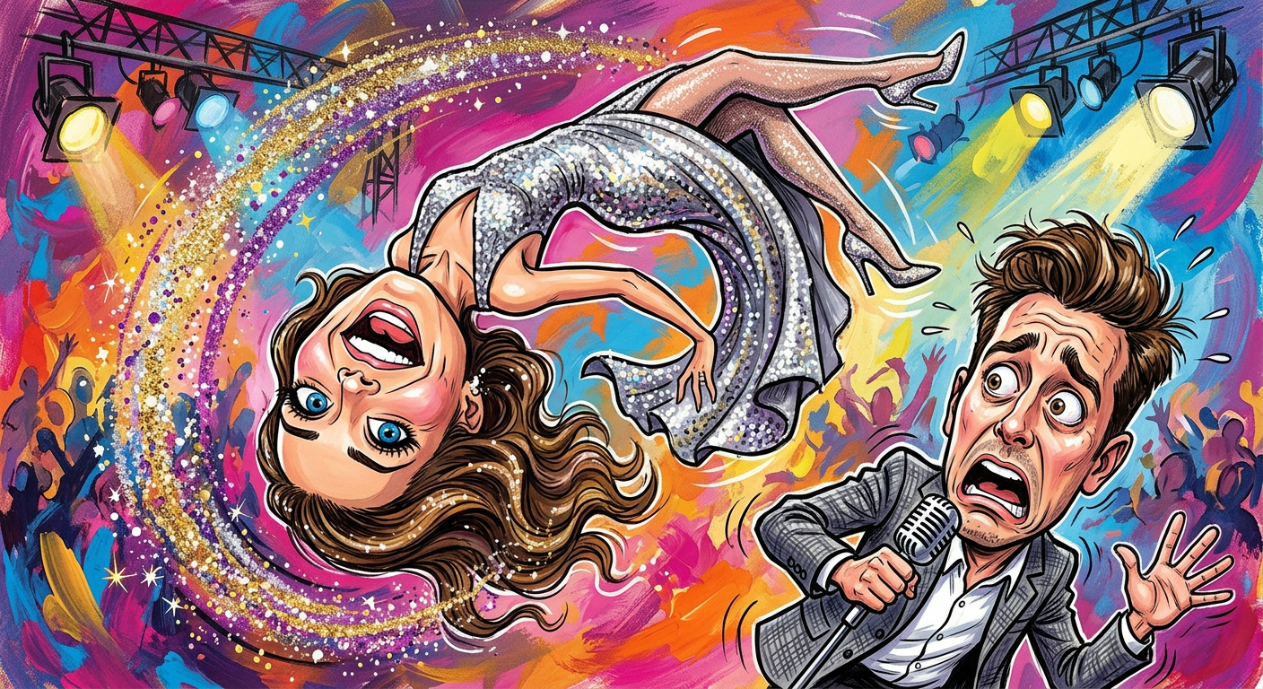 A caricature of the actress performing a stunt for the article Mandy Moore Literally Defies Physics Just To Avoid Singing One Specific High Note.