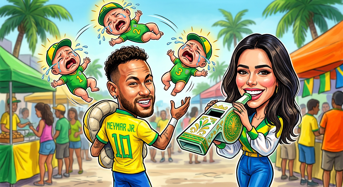A colorful caricature depicting the story Neymar’s Nursery Is Now Larger Than Most Small European Sovereign Nations with the soccer star balancing multiple babies.