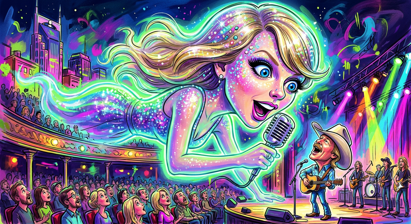 A caricature depicting Taylor Swift Projected Onto Moon to Congratulate Alan Jackson From Outer Space while the country singer performs on a stage below.