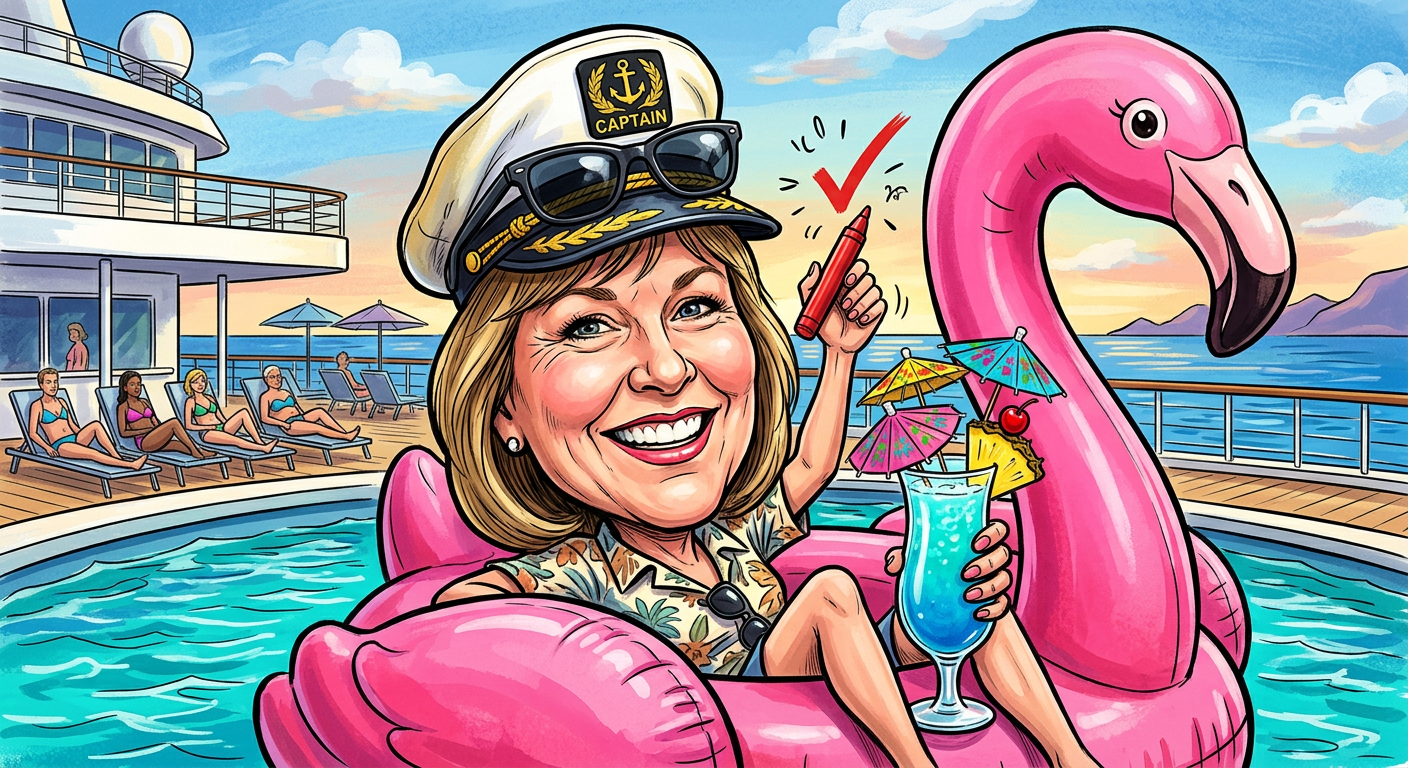 A caricature of Sharon Lane on a cruise ship illustrating the article Floating Schoolmarm Escapes Dry Land to Rule the Seven Seas in Sensible Sandals.