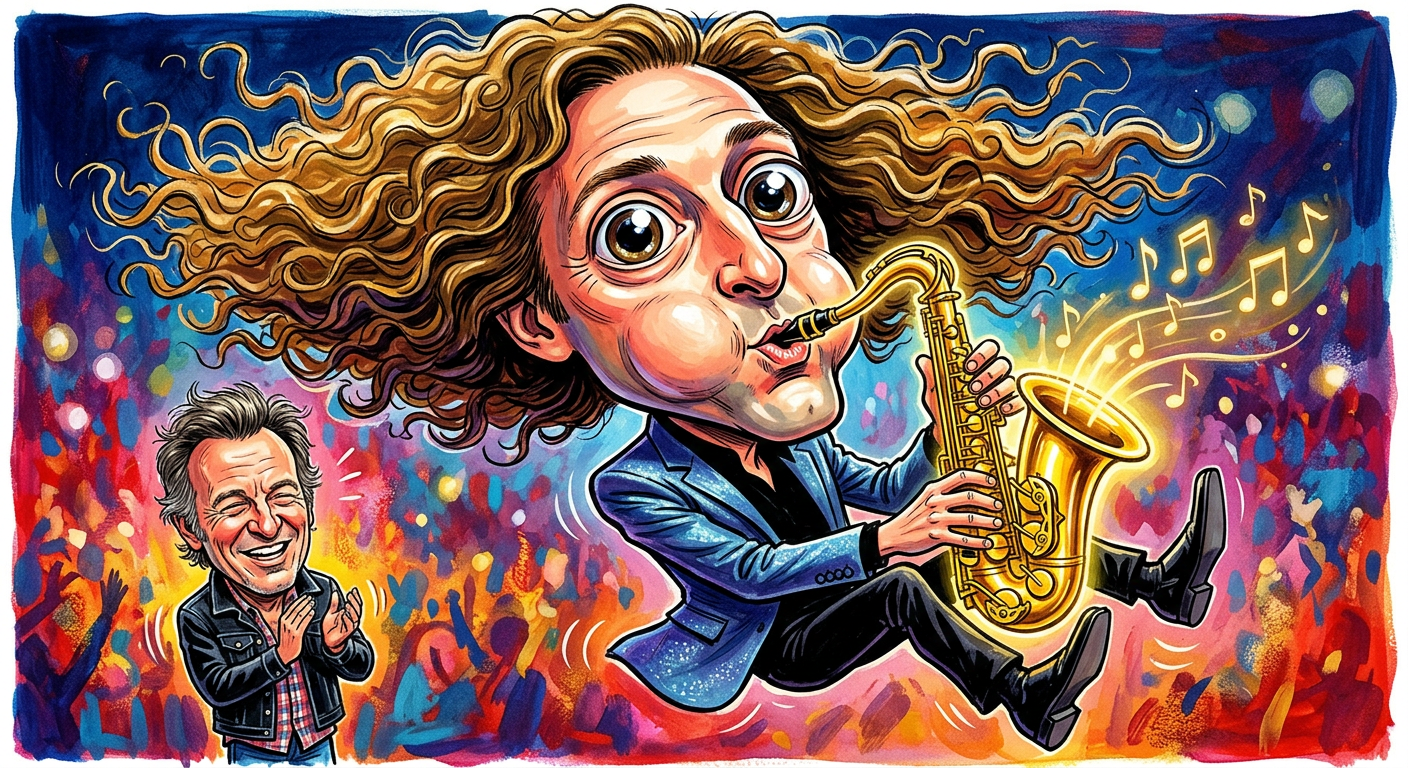 A celebrity caricature illustrating the story Kenny G Blowing Hard Enough To Wake The Neighbors At Davis Party, featuring a musician playing a saxophone for a crowd of stars.
