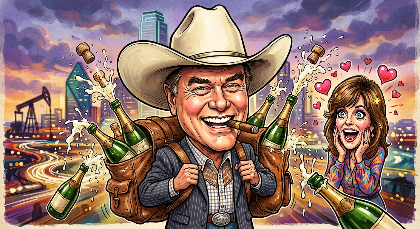 A colorful caricature illustrating the story Linda Gray Recalls Larry Hagman Arriving To Set With Booze-Filled Horse Accessories.