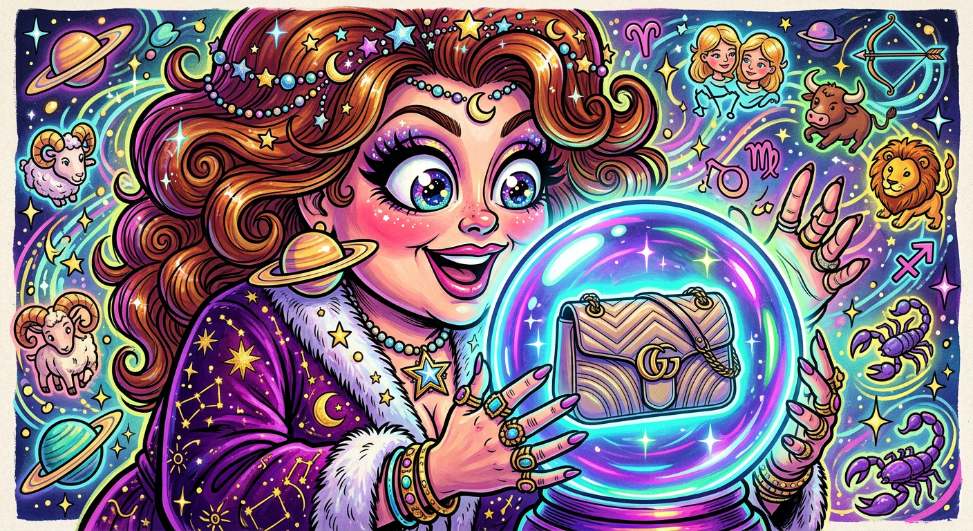 A colorful caricature illustrating the story Astrologist Valerie Mesa Predicts You'll Finally Buy That Golden Hamster in 2026 shows a psychic looking at a wealthy future.