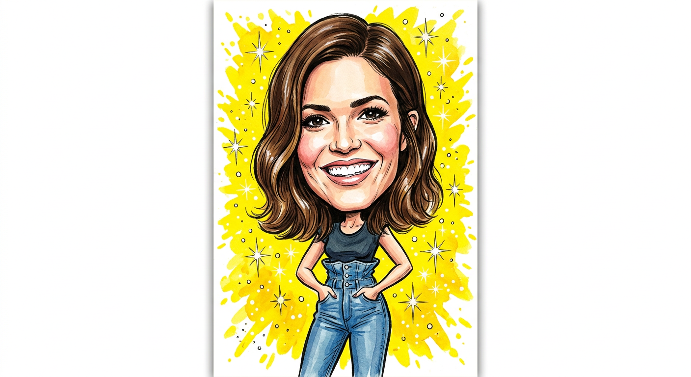 A caricature of Mandy Moore’s High-Waisted Denim Reaches Her Chin in Fashion Upset as she struts down a sidewalk.