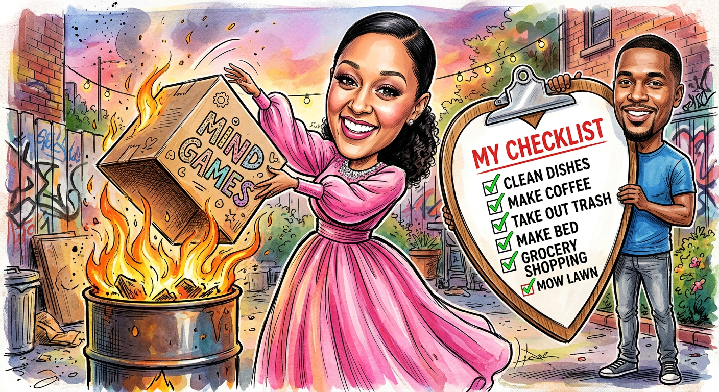 A satirical illustration titled Tia Mowry Confirms New Beau Javone Williams Successfully Passed the ‘No Games’ Background Check showing the actress celebrating her new relationship.