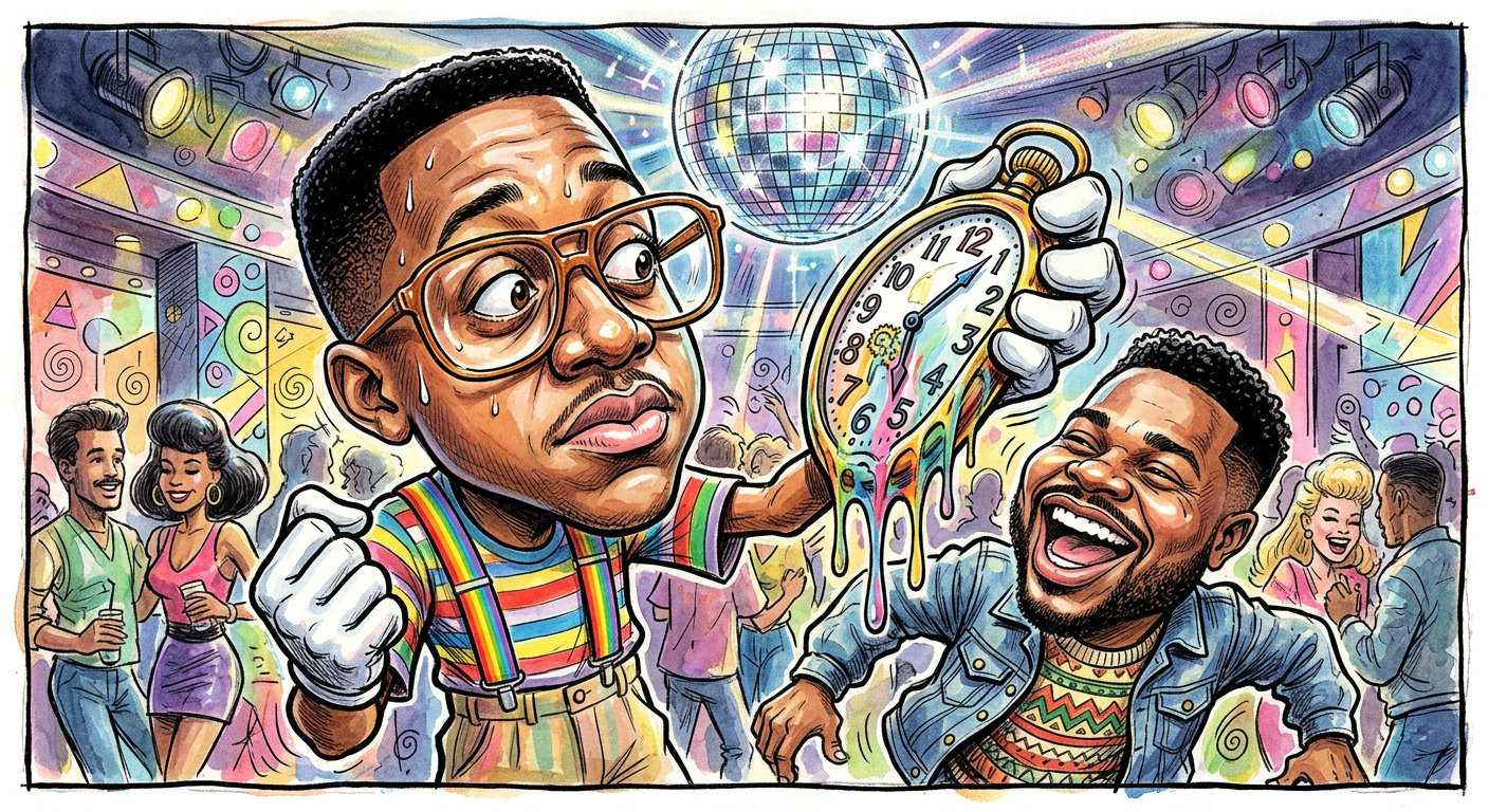 A caricature of Jaleel White looking panicked about his curfew for the article Urkel Gone Wild: Jaleel White Reveals Secret Life of Late-Night Apple juice Benders.
