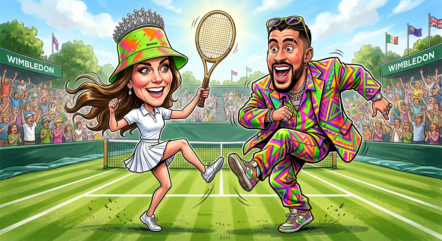 A caricature illustrating the story titled Bad Bunny Takes Over Buckingham Palace After Kate Middleton Replaces All Beefeaters With Reggaeton Stars shows the Princess and the singer posing dramatically.