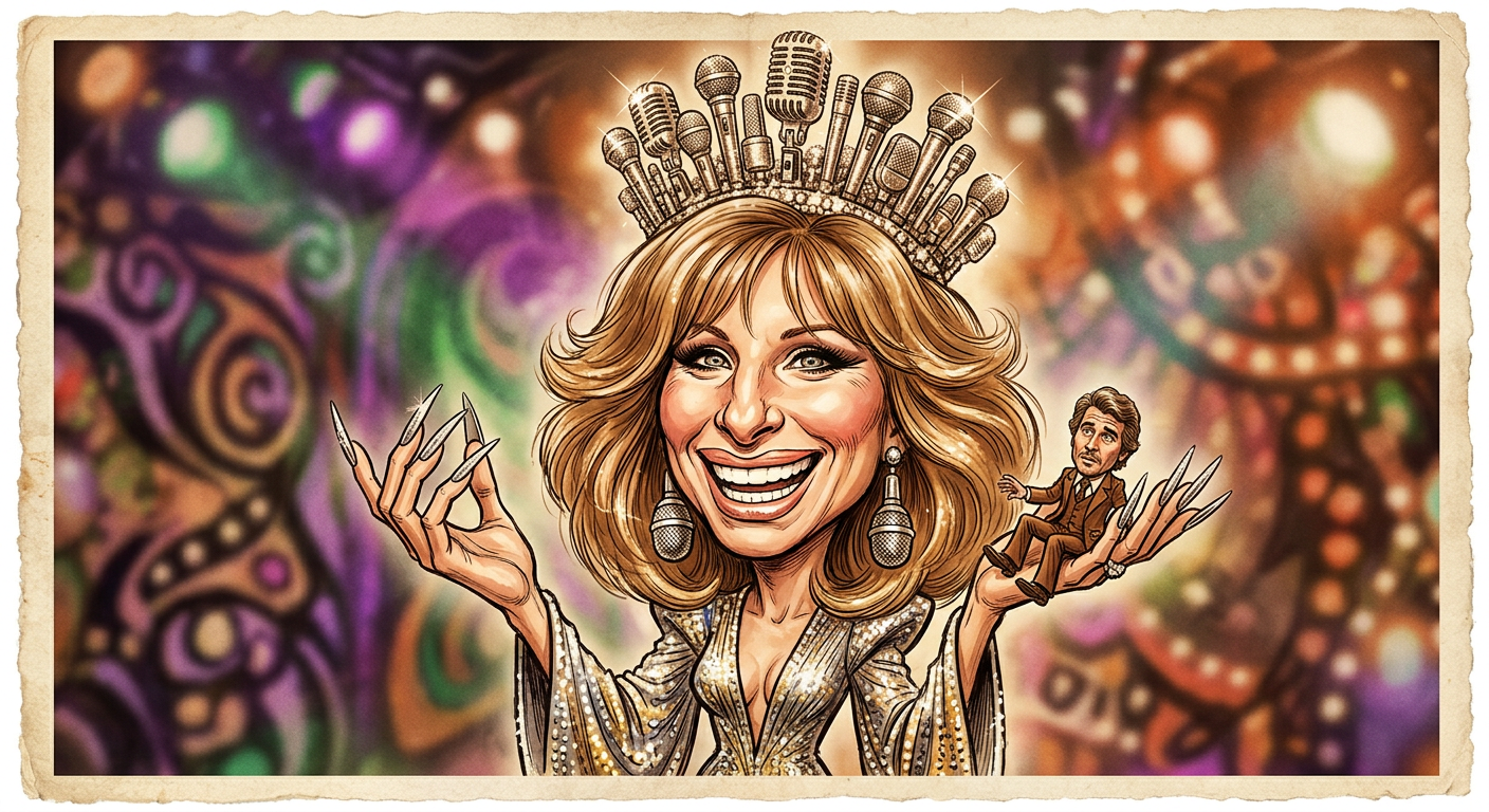 A caricature of the legend celebrating the article Barbra Streisand Celebrates 28 Years Of Winning The Ultimate Staring Contest With Husband.