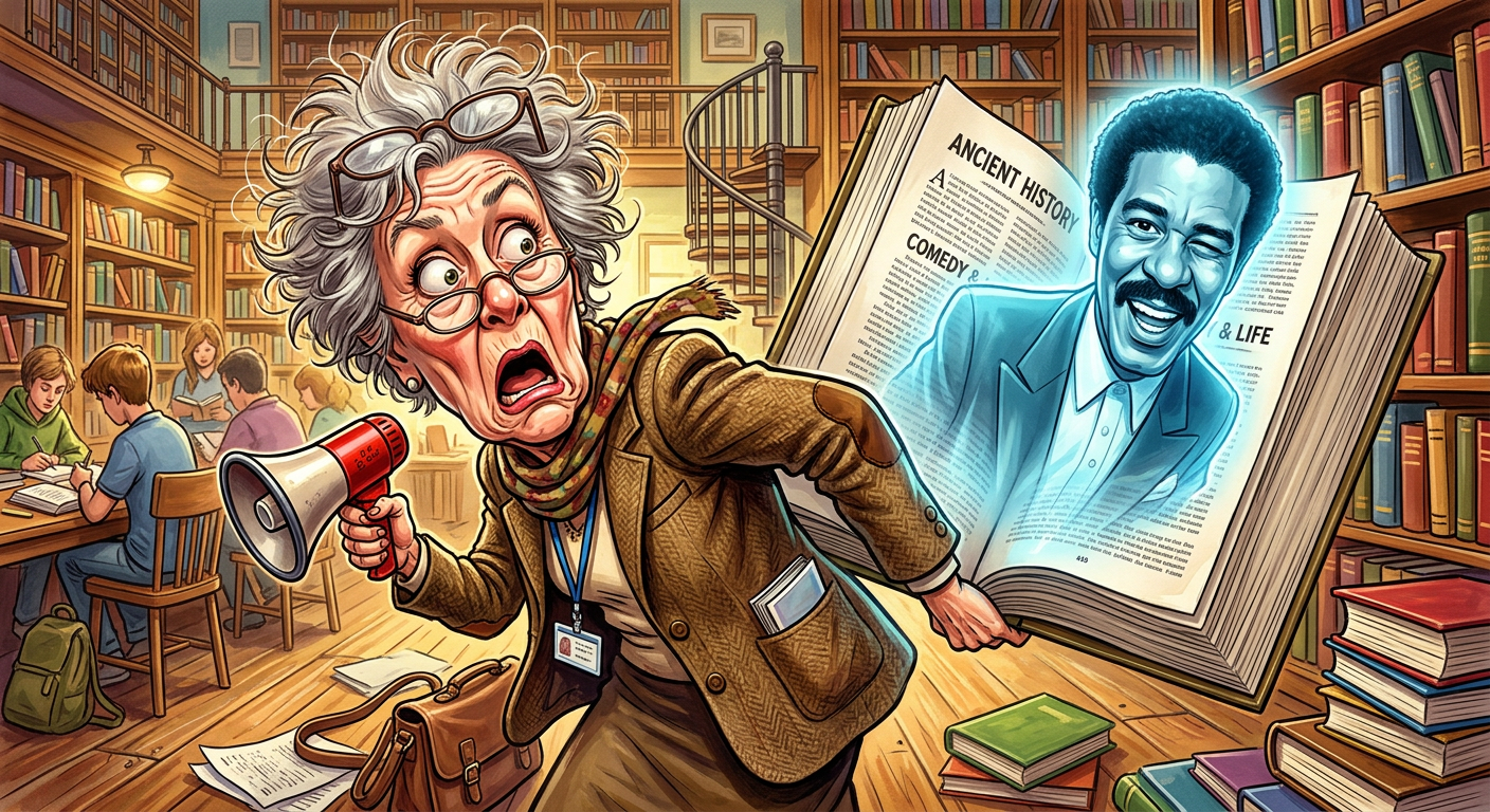 A caricature illustrating the story Professor Secretly Daughter of Richard Pryor While Students Struggle With Basic Algebra showing a teacher hiding her famous lineage.
