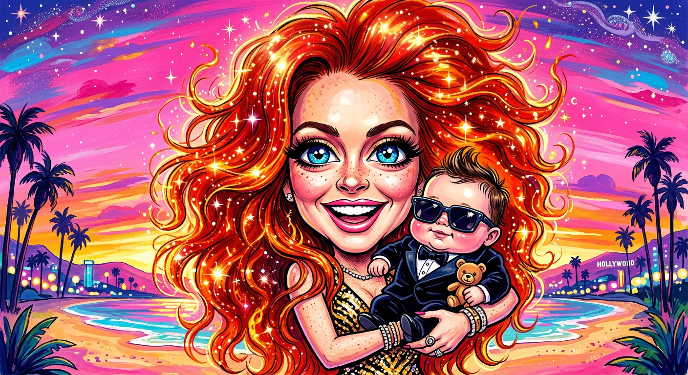 A caricature of Lindsay Lohan holding her son Luai for the article Lindsay Lohan Unveils Rare Baby Photos As Son Luai Inherits The Lohan Smize.