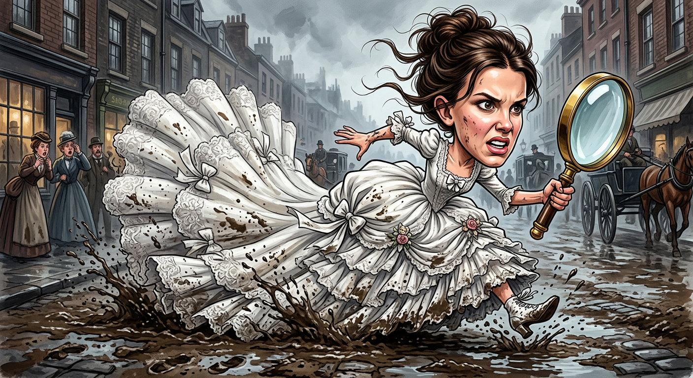 A caricature of the actress for the story Millie Bobby Brown to Solve Victorian Crimes While Wearing Re-Gifted Wedding Lace shows her in a bridal gown holding a detective tool.