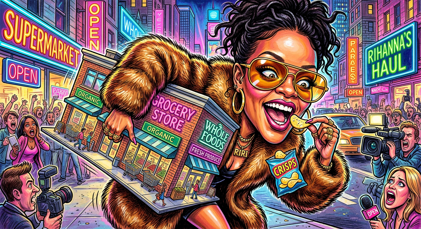 A satirical caricature illustrating the headline Rihanna Spotted Buying Entire Grocery Store Just to Avoid Choosing One Snack, showing the singer lugging a storefront through Beverly Hills.