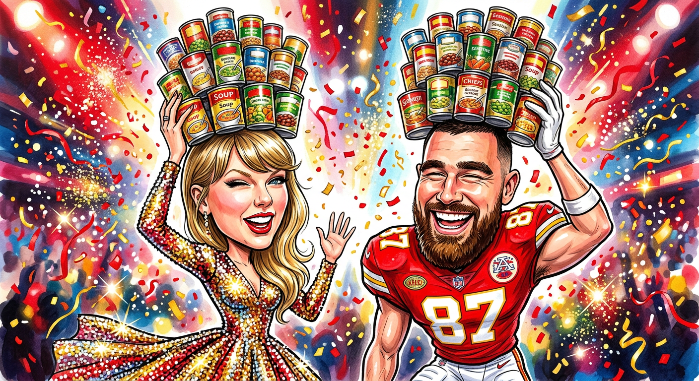A caricature of the couple illustrating the story Taylor Swift and Travis Kelce Buy Every Can of Corn in America Just Because by showing them surrounded by food donations.