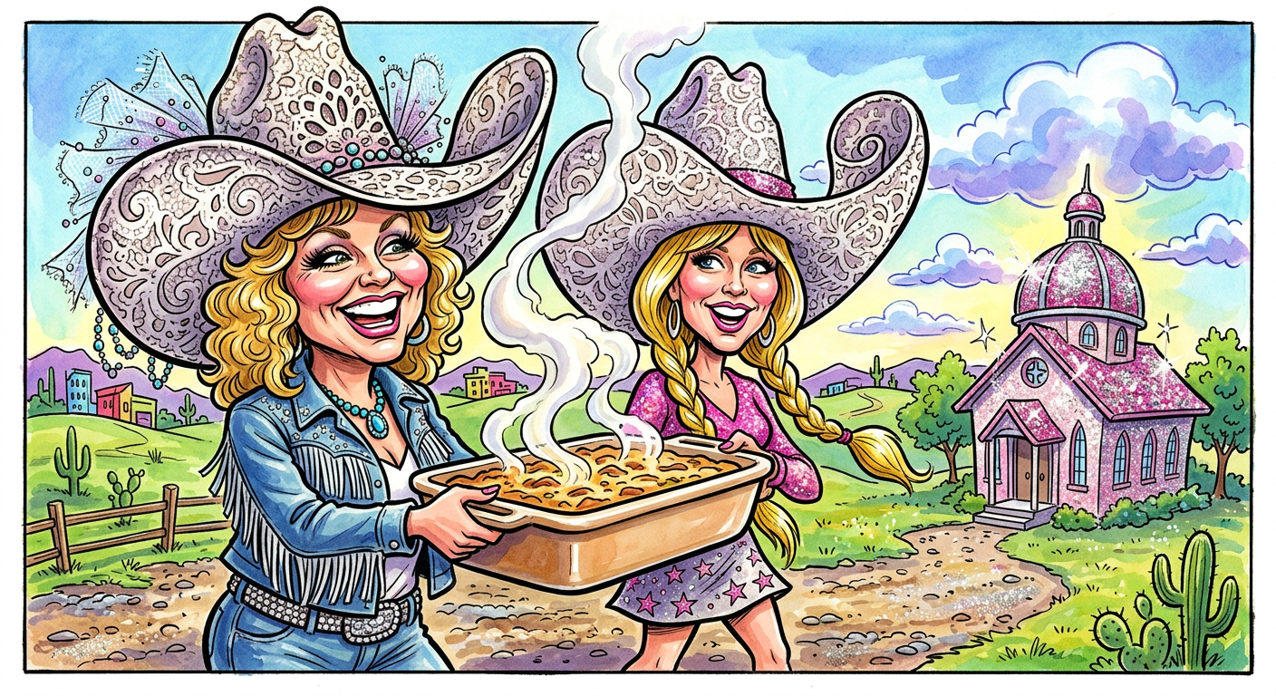 A caricature of country stars arriving for the story Country Stars Storm Swift Nuptials Carrying Casseroles And Revenge Post-It Notes.