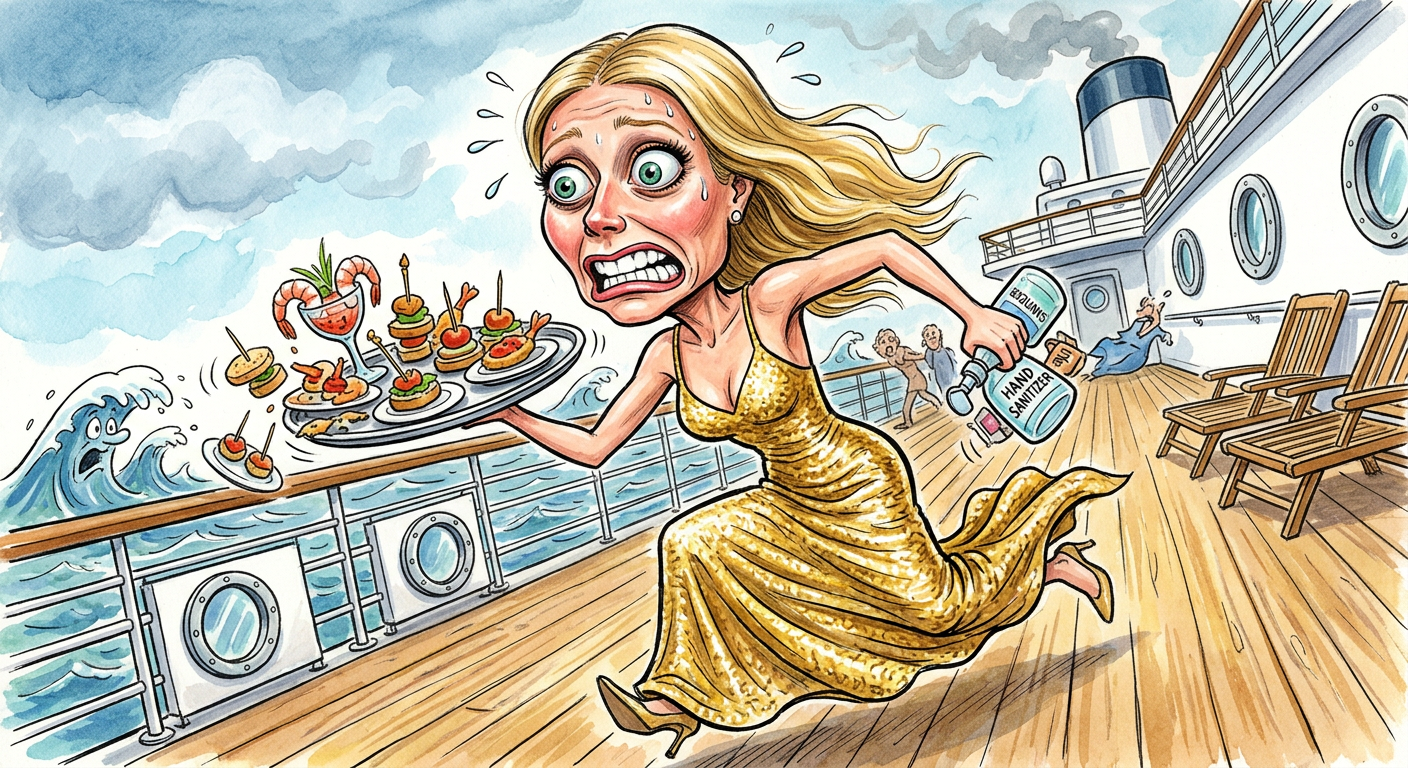 A caricature of Gwyneth Paltrow running on a boat, illustrating the article Cruise Chaos as Star-Studded Buffet Becomes a Very High Stakes Game of Tag.