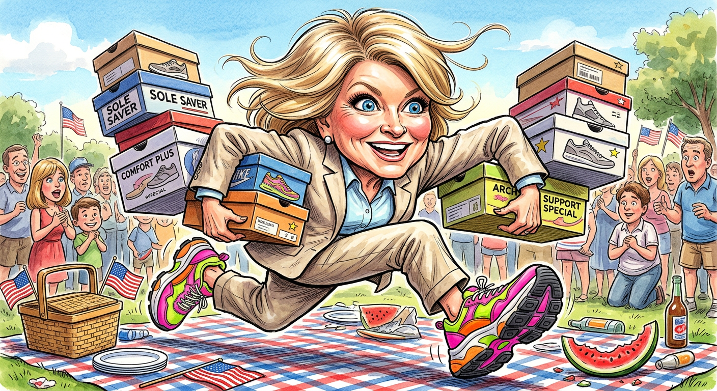 A caricature of the celebrity sprinting with shopping bags illustrating the story Footwear Frenzy: Martha Stewart Spotted Sprinting Toward Discount Sneaker Bins at High Speed.