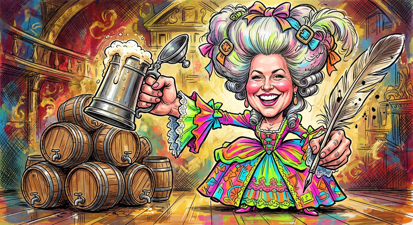 A satirical illustration of historian Brooke Barbier celebrating the article 'History Buff Brooke Barbier Wants You To Get Sloshed Like A Founding Father' while wearing a giant wig.
